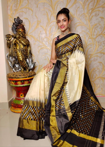 Pochampally-Ikkat-Silk-Cream-Black-Sari-Weavesarees.com
